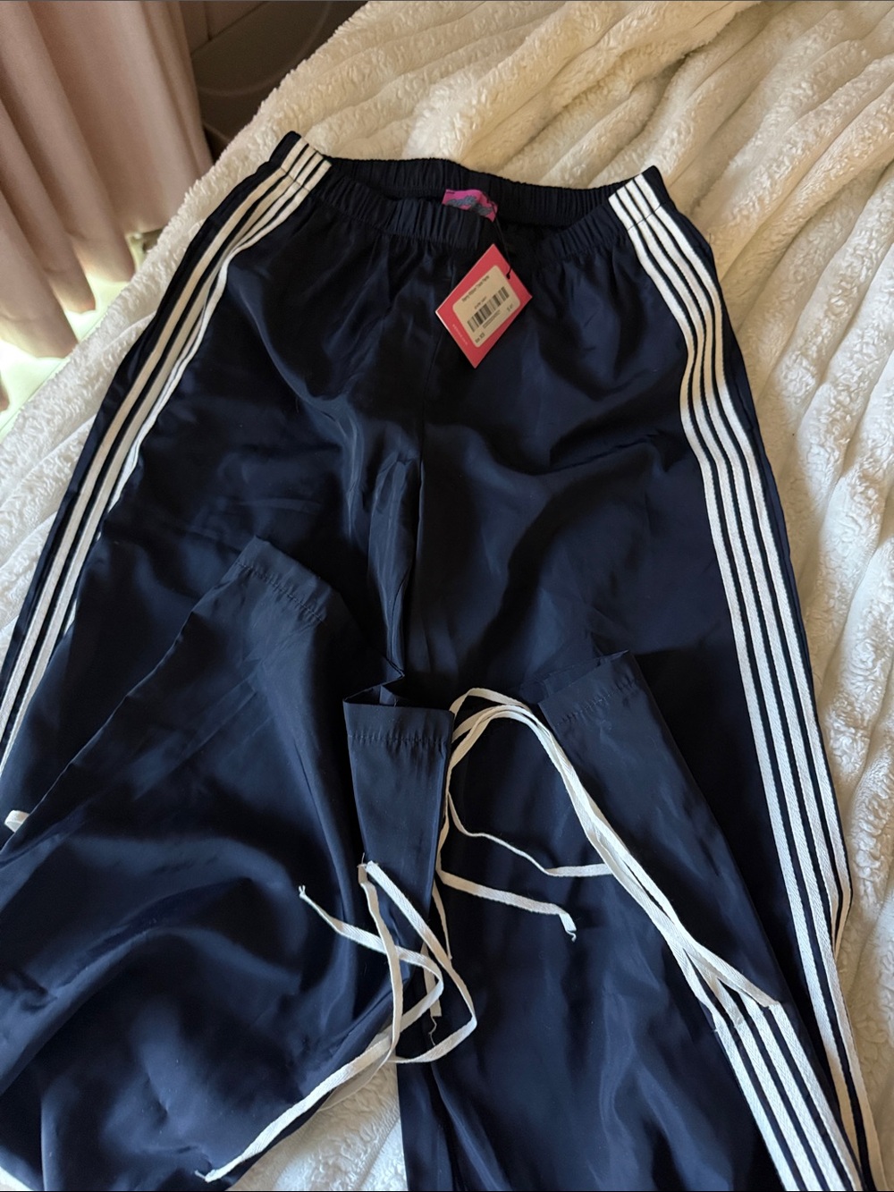 Edikted Navy Wide-Leg Track Pants with White Stripes